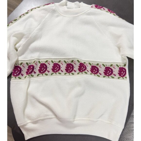 Vintage Justin Allen Knit Roses Women Fleece Cream Long Sleeve Sweatshirt Small - Picture 2 of 11